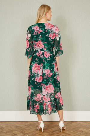 Yumi Dark Green Kimono Sleeves Midi Dip Hem Wrap Midi Dress