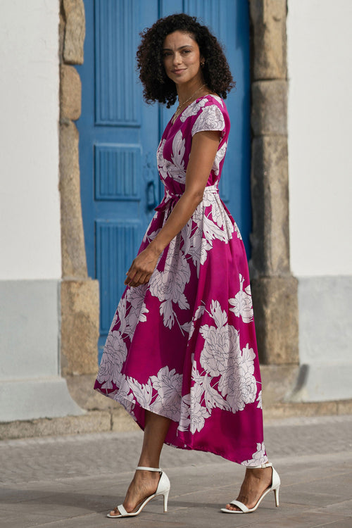 Pink Blossom Print Wrap Dress With Dipped Hem