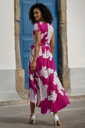 Pink Blossom Print Wrap Dress With Dipped Hem