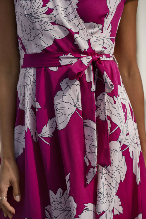 Pink Blossom Print Wrap Dress With Dipped Hem