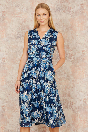 Yumi Blue Floral Mesh Wrap Skater Dress With Pockets