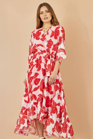 Yumi Red Kimono Sleeves Dip Hem Wrap Midi Dress