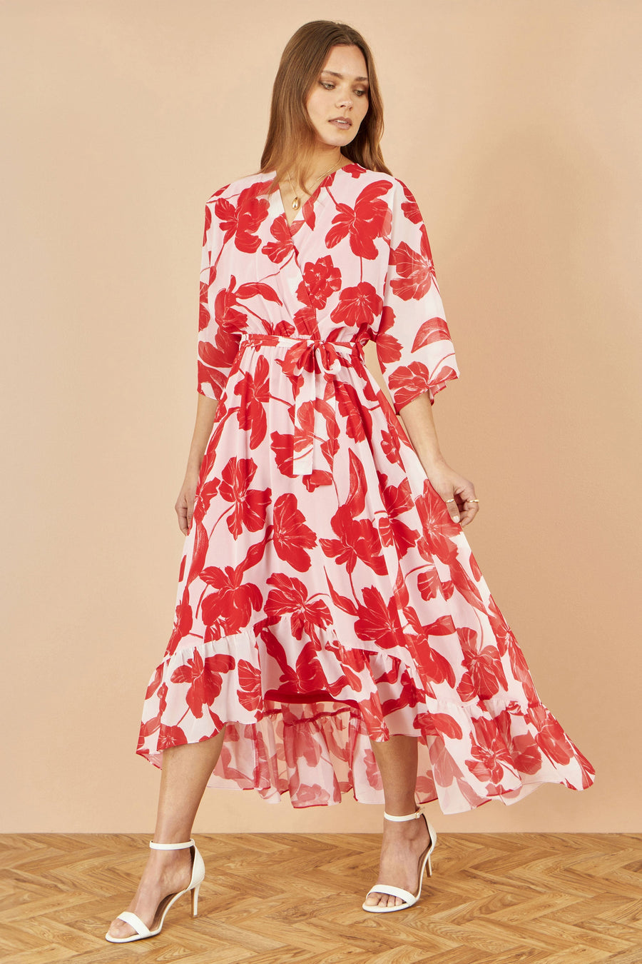 Yumi Red Kimono Sleeves Dip Hem Wrap Midi Dress