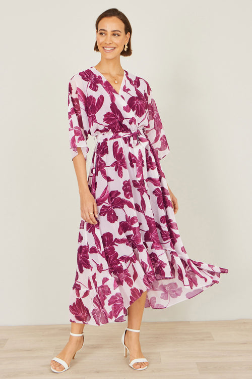 Yumi Pink Kimono Sleeves Midi Dip Hem Wrap Midi Dress