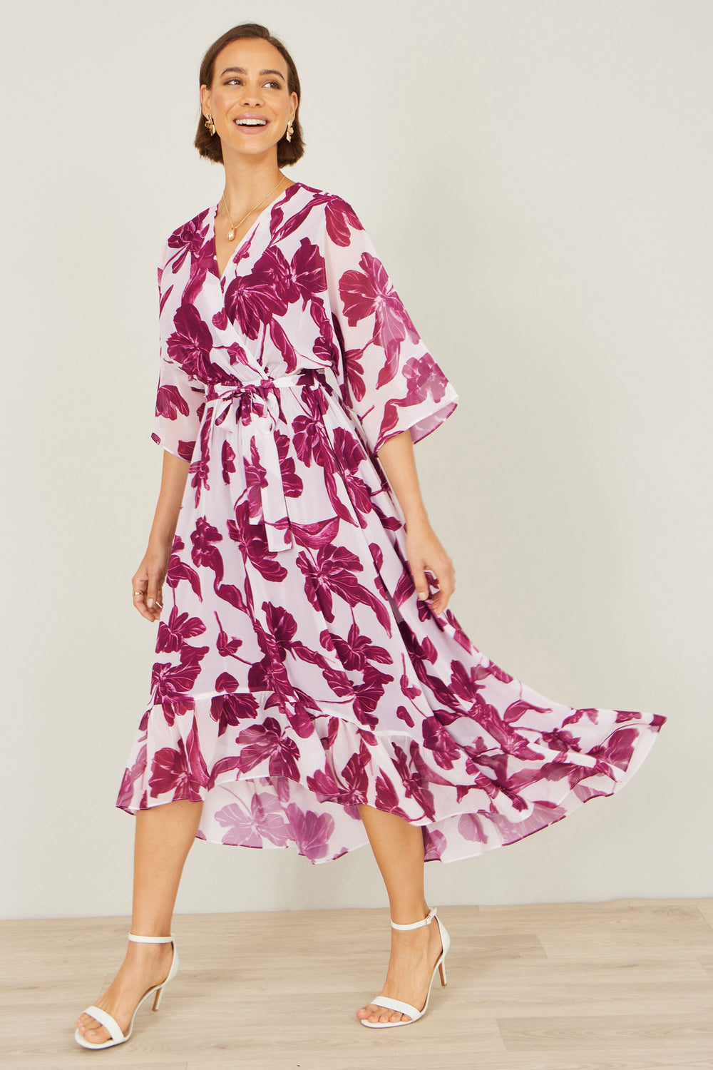 Yumi Pink Kimono Sleeves Midi Dip Hem Wrap Midi Dress
