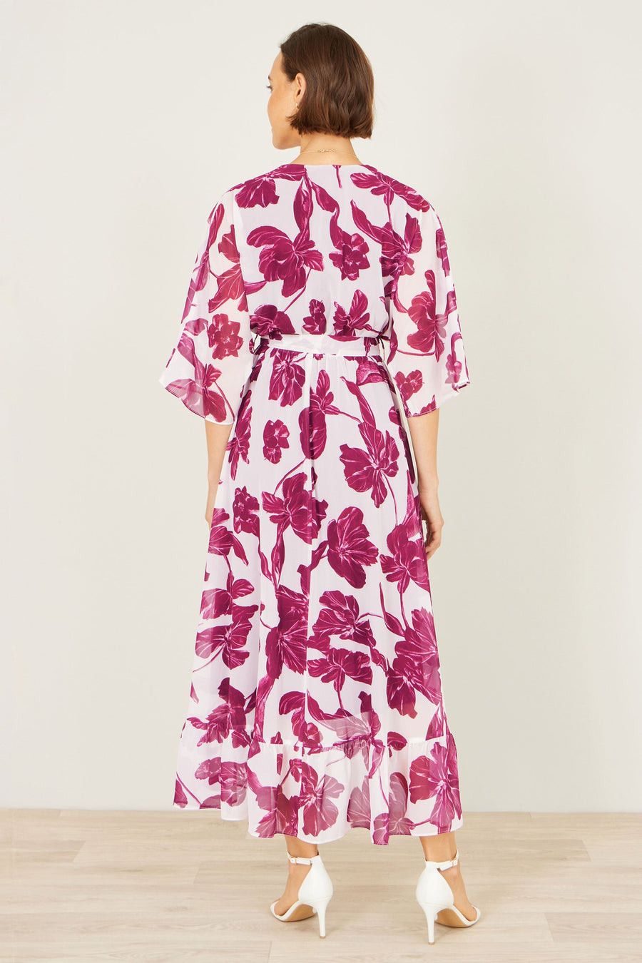 Yumi Pink Kimono Sleeves Midi Dip Hem Wrap Midi Dress
