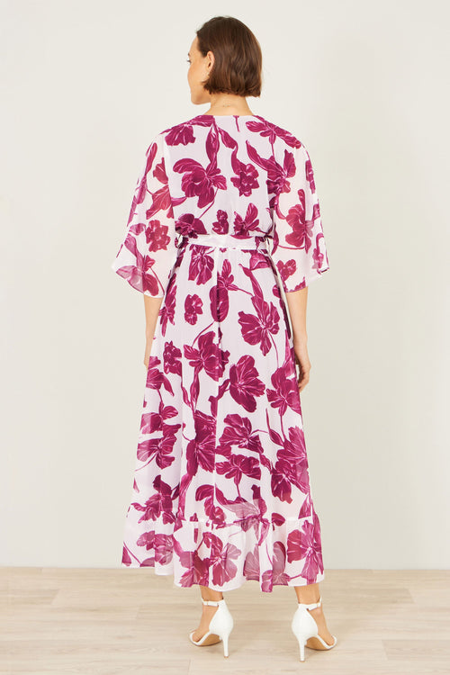 Yumi Pink Kimono Sleeves Midi Dip Hem Wrap Midi Dress