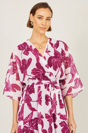Yumi Pink Kimono Sleeves Midi Dip Hem Wrap Midi Dress
