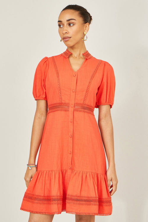 Yumi Orange Cotton Lace Trim Skater Shirt Dress