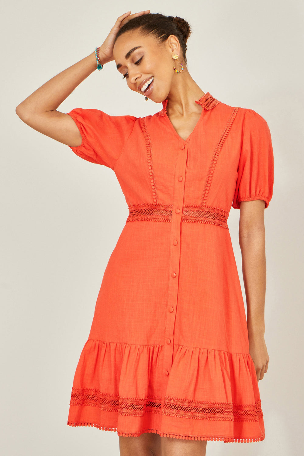 Yumi Orange Cotton Lace Trim Skater Shirt Dress