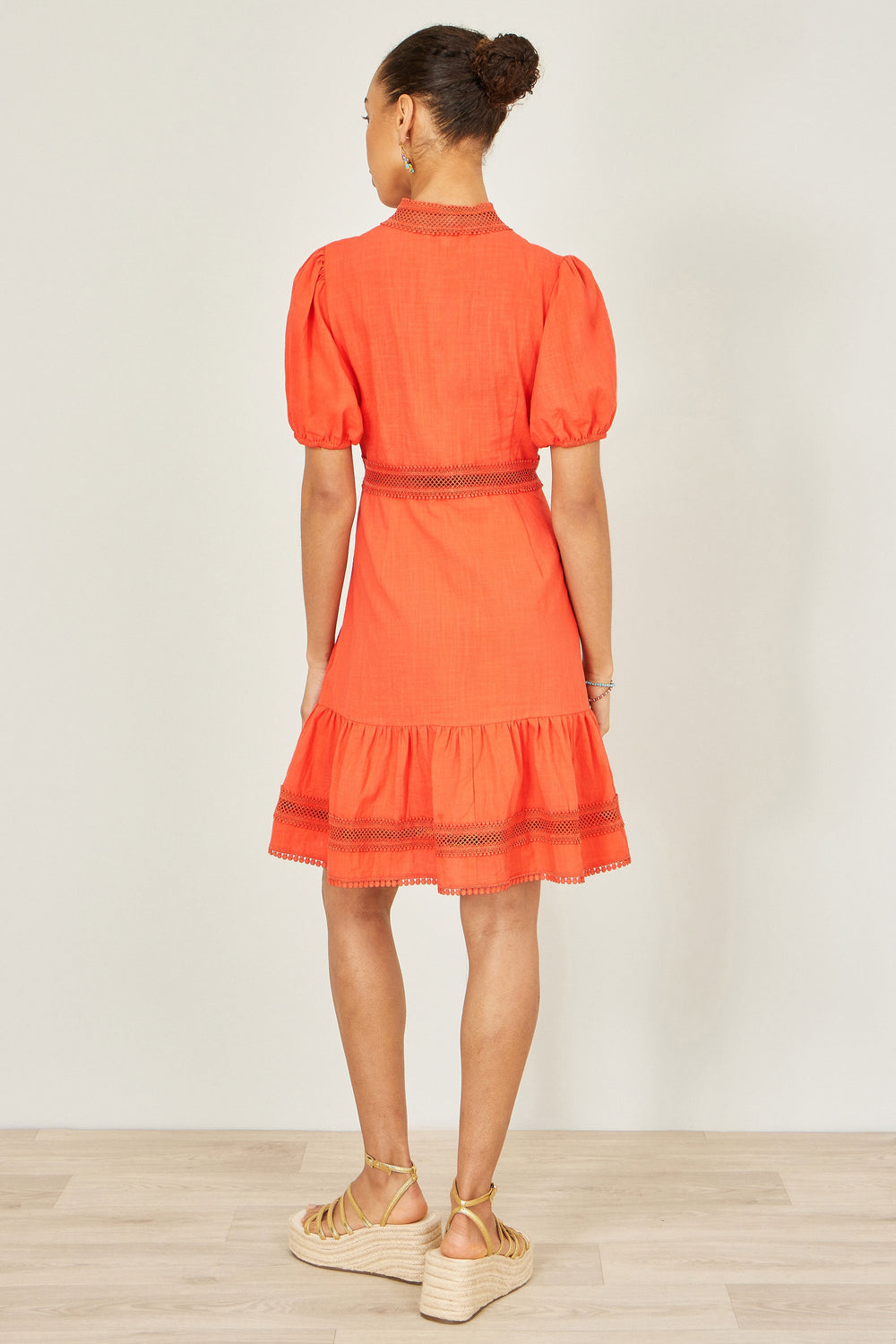 Yumi Orange Cotton Lace Trim Skater Shirt Dress