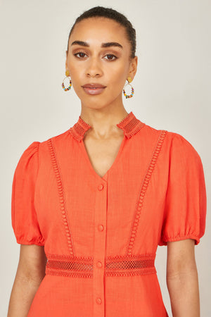 Yumi Orange Cotton Lace Trim Skater Shirt Dress