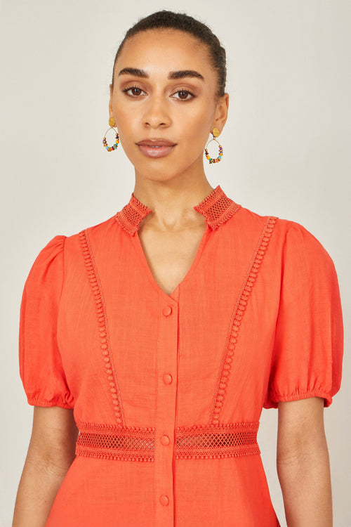 Yumi Orange Cotton Lace Trim Skater Shirt Dress