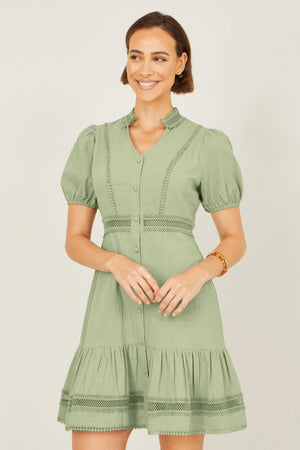 Yumi Green Cotton Lace Trim Skater Shirt Dress