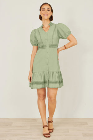 Yumi Green Cotton Lace Trim Skater Shirt Dress