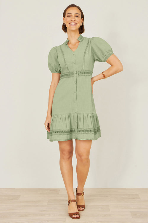 Yumi Green Cotton Lace Trim Skater Shirt Dress