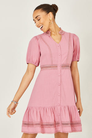 Yumi Pink Cotton Lace Trim Skater Shirt Dress