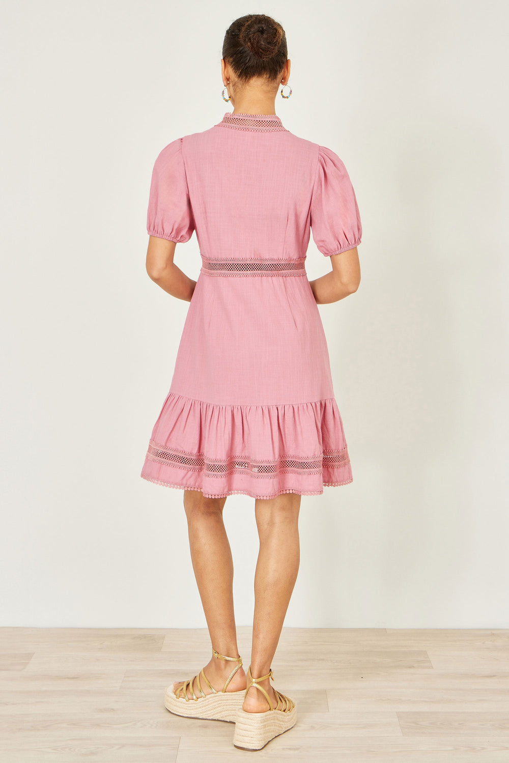Yumi Pink Cotton Lace Trim Skater Shirt Dress
