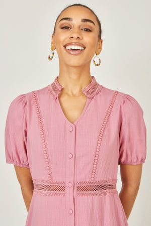 Yumi Pink Cotton Lace Trim Skater Shirt Dress