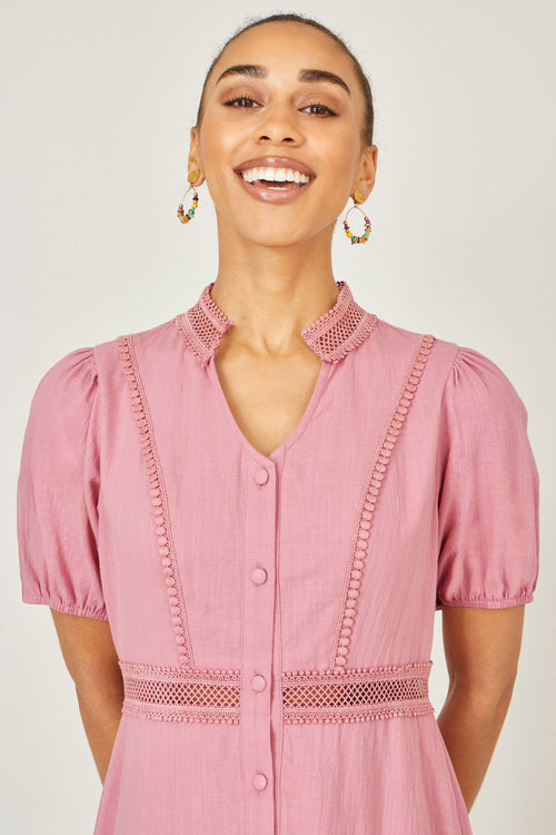 Yumi Pink Cotton Lace Trim Skater Shirt Dress