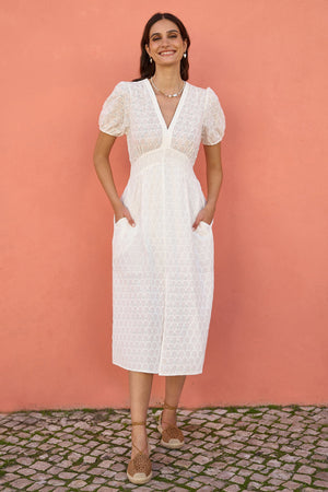 Yumi White Broderie Anglaise Midi Dress With Split Hemline