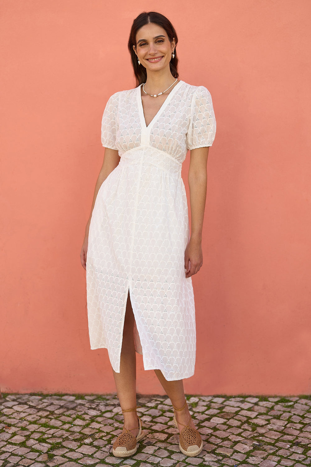 Yumi White Broderie Anglaise Midi Dress With Split Hemline