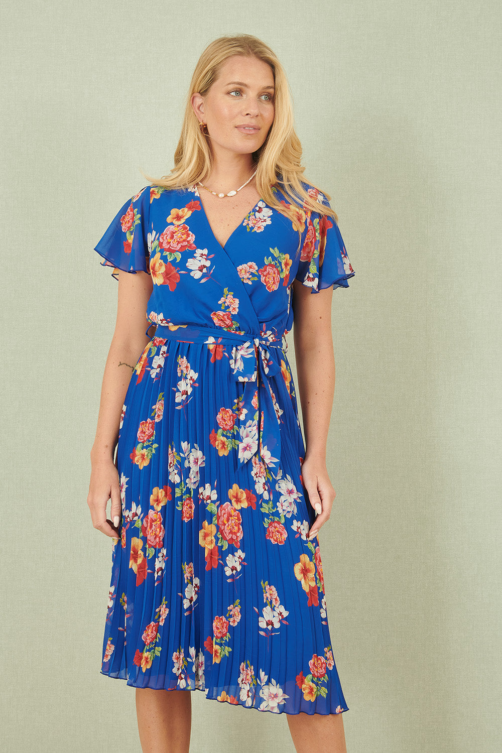 Yumi Blue Floral Pleated Wrap Dress