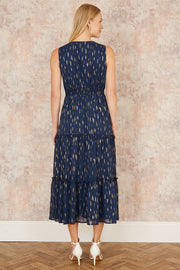 Yumi Navy Foil Print Ruched Waist Midi Dress With Tie Notch Neckline