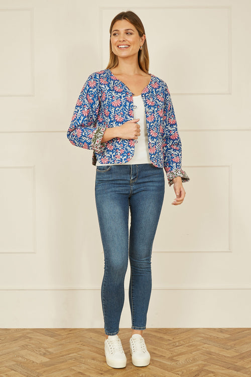 Yumi Blue Floral Reversible Cotton Quilted Jacket