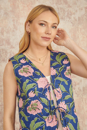 Yumi Navy Flower Reversible Cotton Quilted Waistcoat