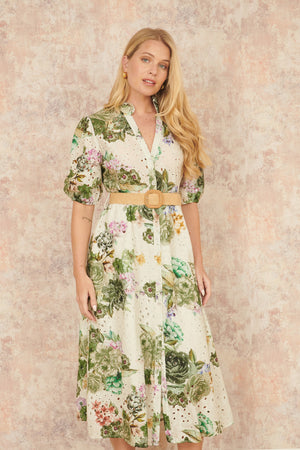 Yumi Green Cotton Broderie Anglaise Midi Shirt Dress