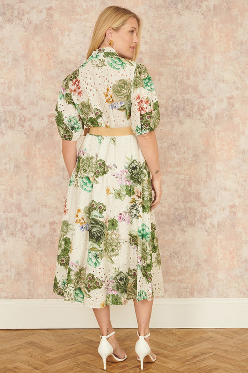 Yumi Green Cotton Broderie Anglaise Midi Shirt Dress