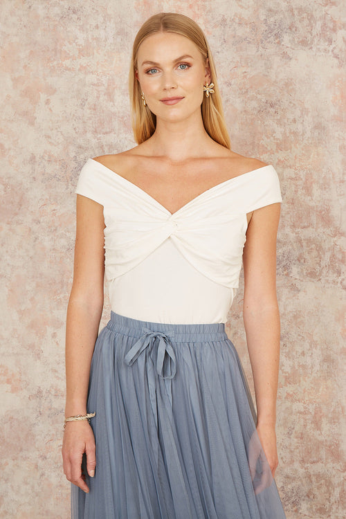 Yumi White Jersey Cotton Bardot Top With Knot Detail