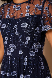 Yumi Navy Embroidered Mesh Midi Dress