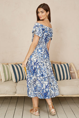 Yumi Blue Ruched Waist Bardot Blossom Tree Print Midi Dress