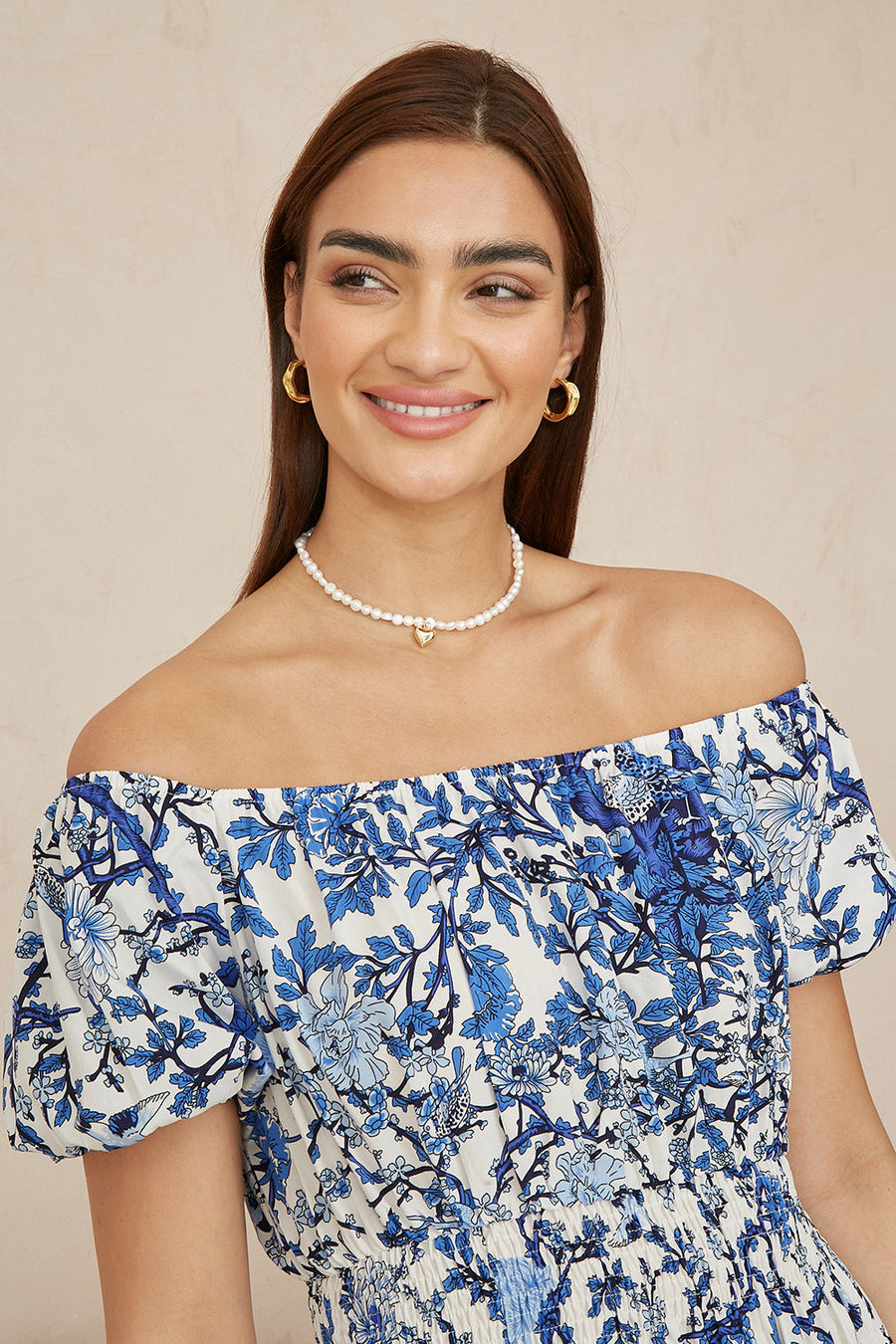 Yumi Blue Ruched Waist Bardot Blossom Tree Print Midi Dress