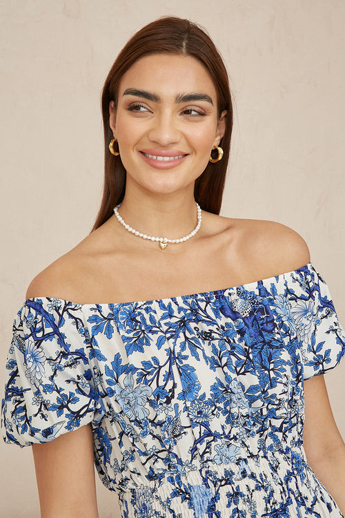 Yumi Blue Ruched Waist Bardot Blossom Tree Print Midi Dress