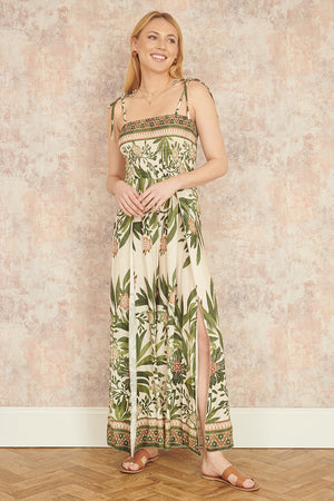 Yumi Green Palm Print Strappy Viscose Jumpsuit