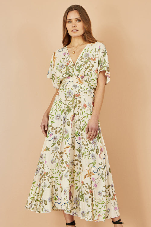 Yumi Ivory Floral Print Ruched Waist Midi Dress With Kimono Sleeves