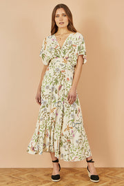 Yumi Ivory Floral Print Ruched Waist Midi Dress With Kimono Sleeves