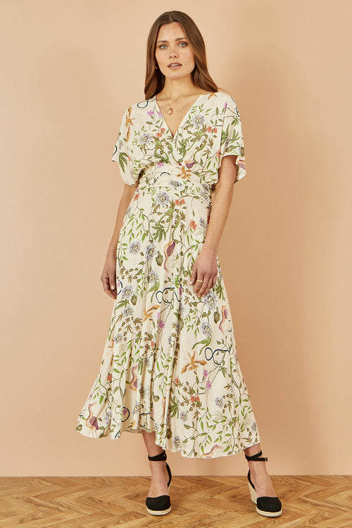 Yumi Ivory Floral Print Ruched Waist Midi Dress With Kimono Sleeves