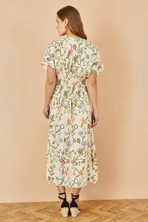 Yumi Ivory Floral Print Ruched Waist Midi Dress With Kimono Sleeves