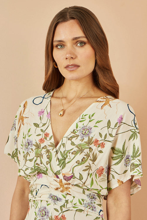 Yumi Ivory Floral Print Ruched Waist Midi Dress With Kimono Sleeves