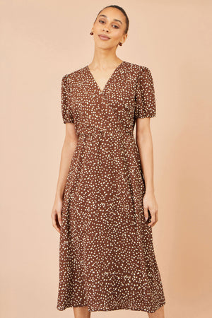 Yumi Brown Spot Midi Dress With Split Hemline