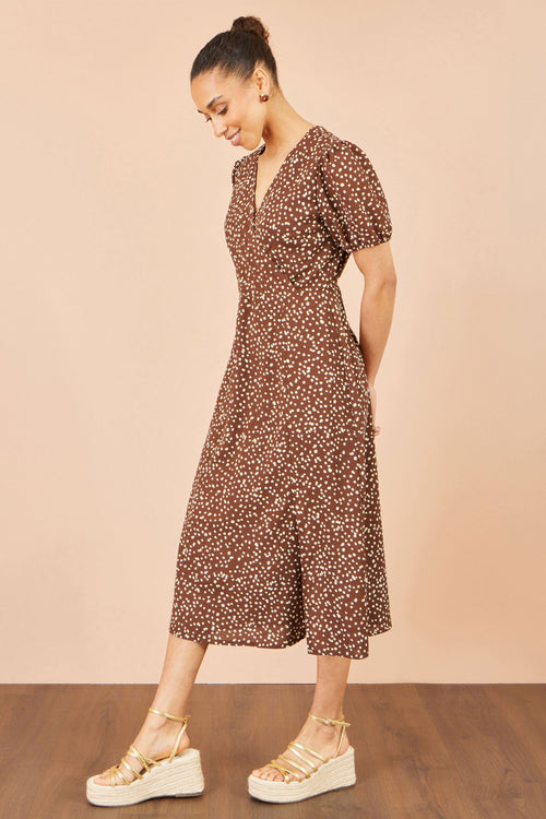 Yumi Brown Spot Midi Dress With Split Hemline