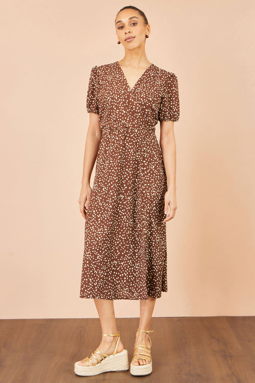 Yumi Brown Spot Midi Dress With Split Hemline