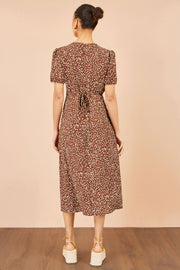 Yumi Brown Spot Midi Dress With Split Hemline