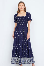Yumi Navy Border Hemline Smocked Maxi Dress