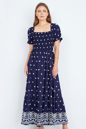 Yumi Navy Border Hemline Smocked Maxi Dress