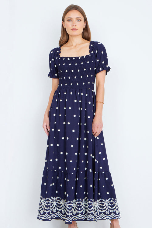 Yumi Navy Border Hemline Smocked Maxi Dress
